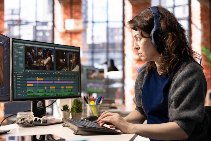 Foto gratuito directora de cine que edita montajes y videoclips con software creativo