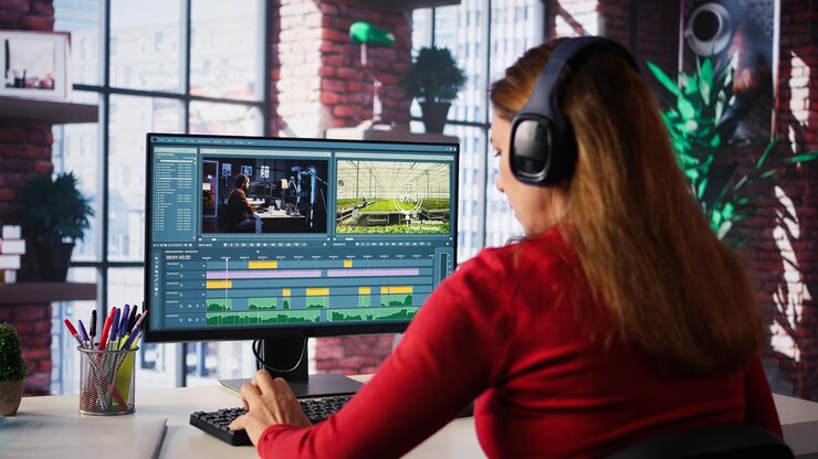Foto gratuito directora de cine que trabaja en la postproducción de medios desde la oficina de la agencia