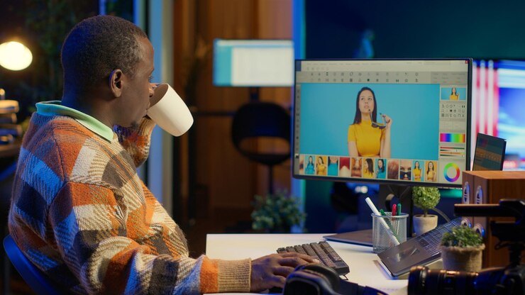 Foto gratuito diseñador cualificado que utiliza software de edición en monitores duales en un espacio de trabajo organizado