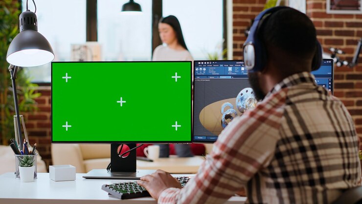 Foto gratuito el diseñador independiente trabaja remotamente en prototipos 3d usando pantalla verde