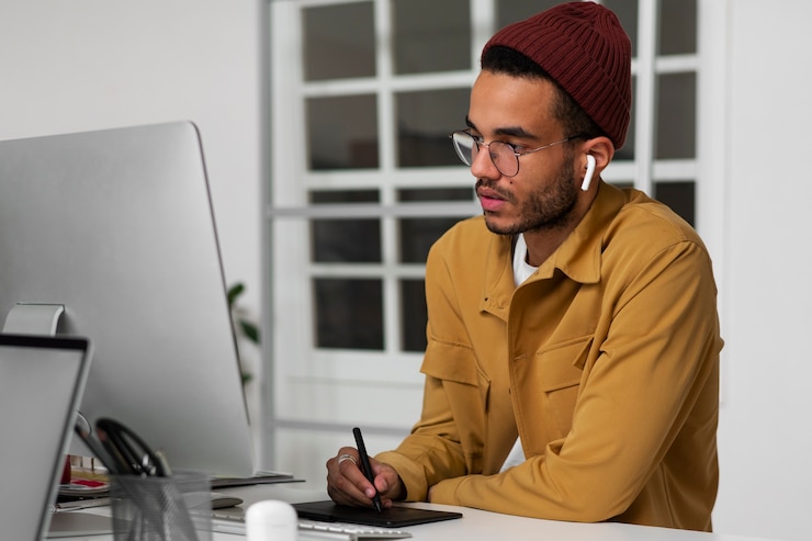 Foto gratuito diseñador de interiores trabajando fuera de la oficina