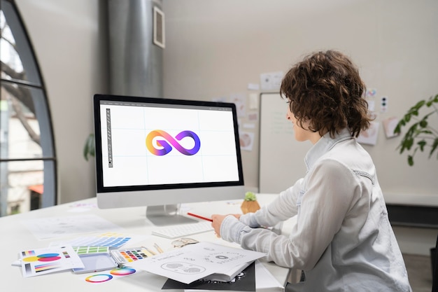 Foto gratuita diseñador de logotipos trabajando en el escritorio de una computadora