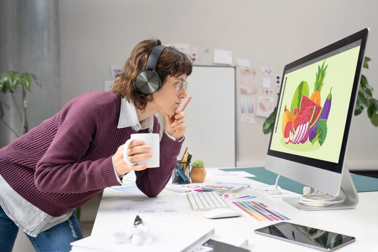 Foto gratuito diseñador de logotipos trabajando en el escritorio de una computadora