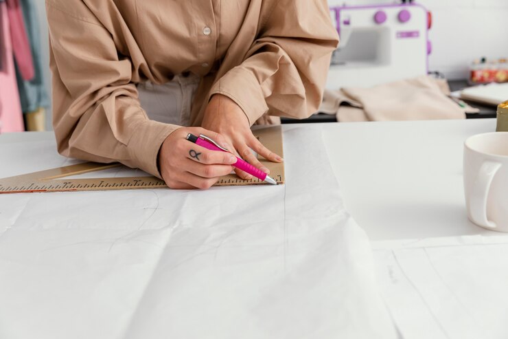 Foto gratuito diseñadora de moda trabajando sola en su taller.