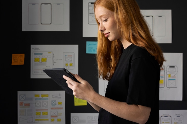 Foto gratuito diseñadora web femenina en la oficina con un cuaderno