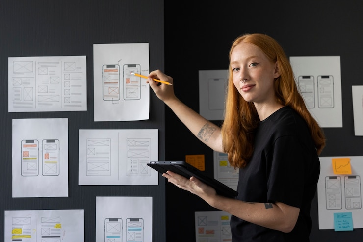 Foto gratuito diseñadora web femenina en la oficina con un cuaderno