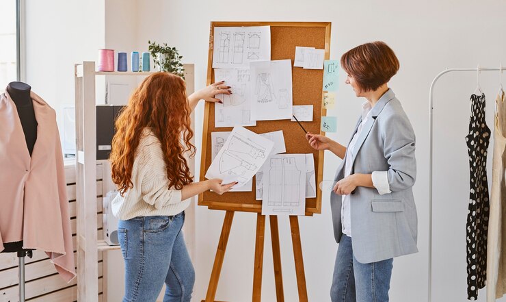 Foto gratuito diseñadoras de moda femenina con ideas para la línea de ropa