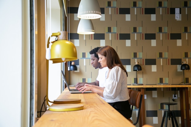Foto gratuita diseñadores concentrados sentados juntos y trabajando en computadoras portátiles en el espacio de coworking