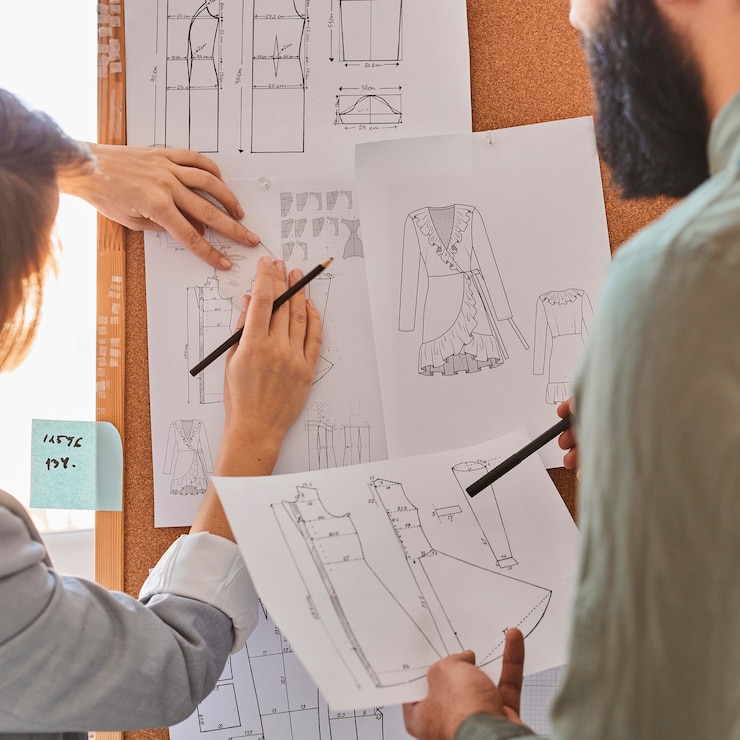 Foto gratuito diseñadores de moda que consultan planes para una nueva línea de ropa en el tablero de ideas