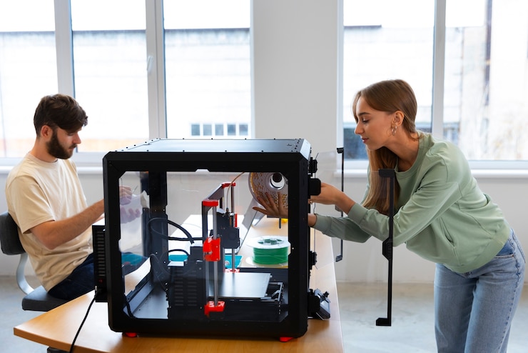 Foto gratuito diseñadores usando una impresora 3d