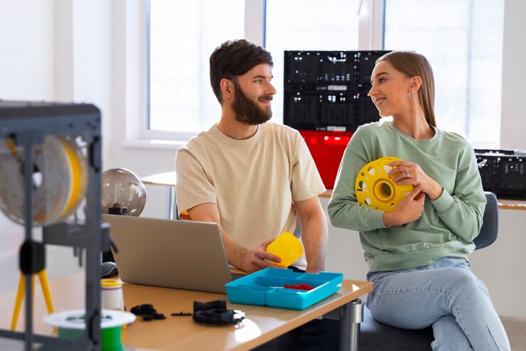 Foto gratuito diseñadores usando una impresora 3d
