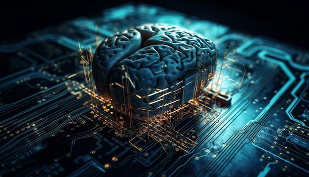 Diseño de cerebro cyborg complejo de placa de circuito brillante generado por IA