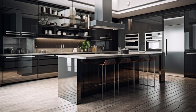 Diseño de cocina moderno con electrodomésticos de acero inoxidable y pisos de mármol generados por IA