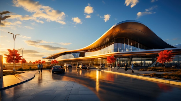 Foto gratuita diseño de un edificio de estación o aeropuerto con una gran zona de estacionamiento en los rayos del sol poniente