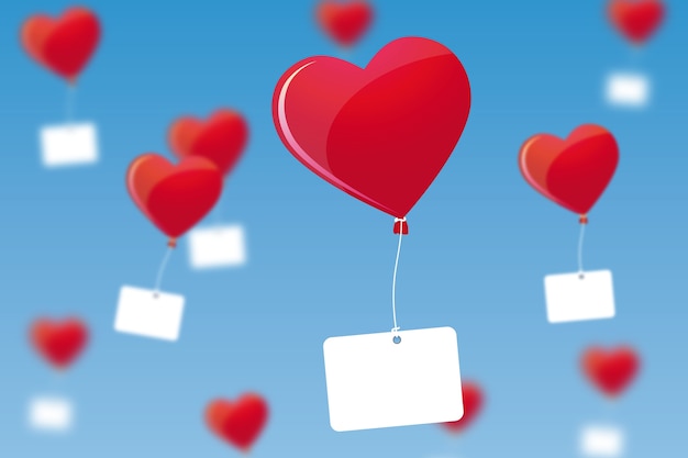 Foto gratuita diseño de fondo de san valentín con globos de corazón y etiquetas en blanco
