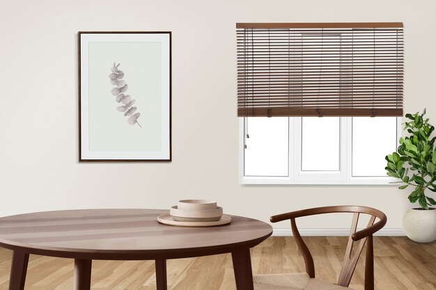 Diseño interior minimalista y auténtico de comedor con marco de imagen