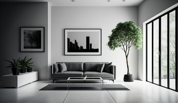 Diseño interior minimalista moderno de habitación monocromática brillante con muebles en blanco y negro c