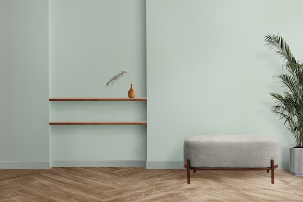 Diseño interior de sala de estar minimalista con pared verde menta