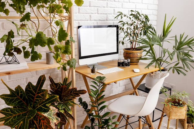 Diseño de interiores de alto ángulo con muchas plantas.