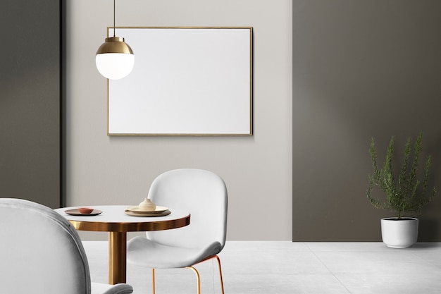Diseño de interiores de comedor auténtico de lujo moderno con un marco de imagen en blanco