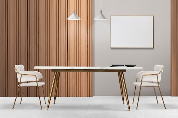 Diseño de interiores de comedor auténtico de lujo moderno con un marco de imagen en blanco