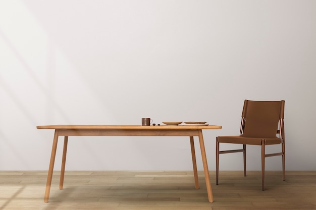 Diseño de interiores de comedor Japandi con mesa de madera