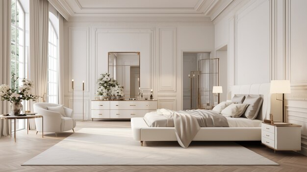 Diseño de interiores en estilo neoclásico con muebles y decoración