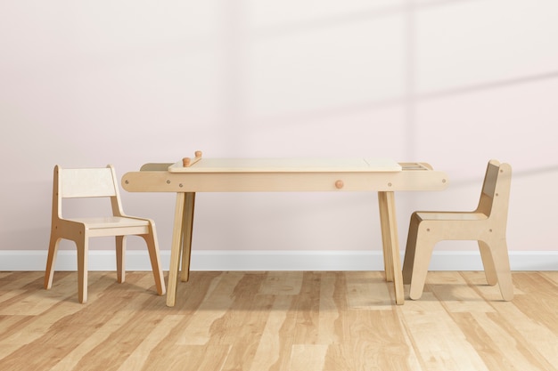 Diseño de interiores de habitación de niños lindo con mesa de madera