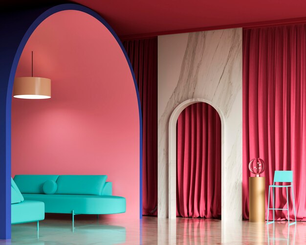 Diseño de interiores de sala 3d con sofá azul