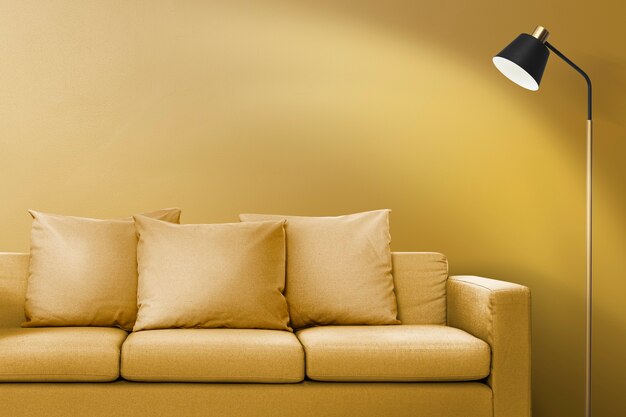 Diseño de interiores de sala de estar contemporánea con un sofá amarillo