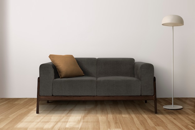 Diseño de interiores de sala de estar contemporánea con sofá moderno de mediados de siglo