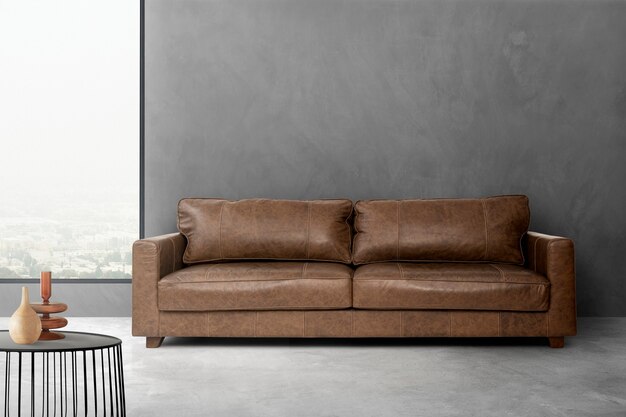 Diseño de interiores de sala de estar industrial con sofá de piel sintética