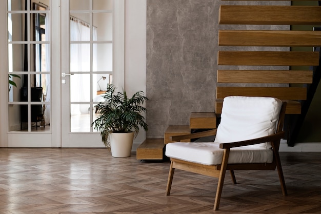 Diseño de interiores de sala de estar para llamadas de zoom con silla.