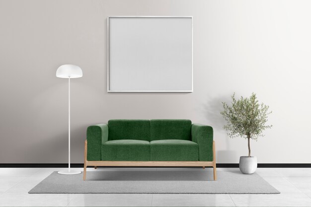 Diseño de interiores de sala de estar minimalista con marco en blanco