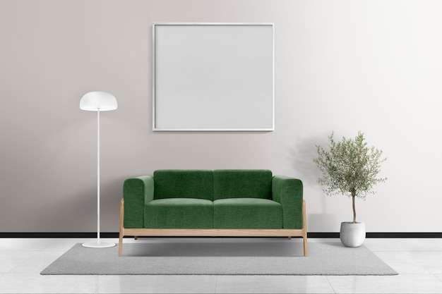 Diseño de interiores de sala de estar minimalista con marco en blanco