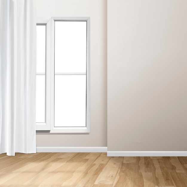 Diseño de interiores de sala de estar vacía con ventana y cortina blanca