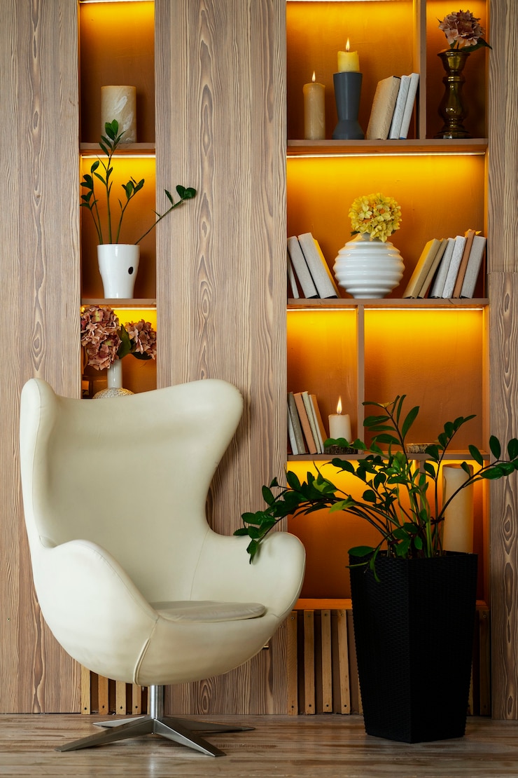 Foto gratuito diseño de interiores con sillón y maceta.