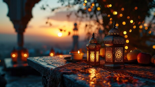 Diseño de linterna de estilo islámico para la celebración del Ramadán con espacio de copia
