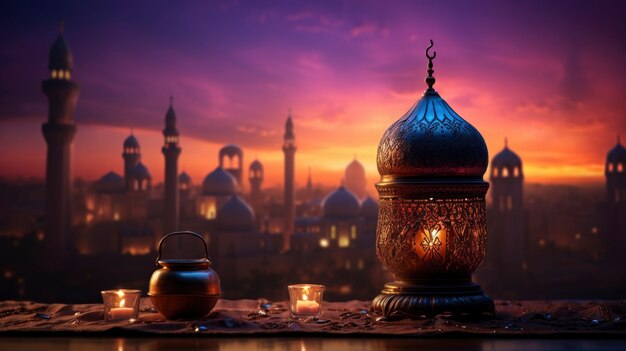 Diseño de linterna de estilo islámico para la celebración del Ramadán con espacio de copia
