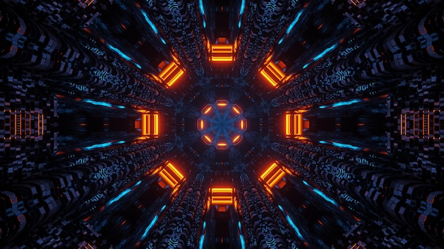 Diseño de mandala octágono de ciencia ficción futurista con luces de neón azul y naranja