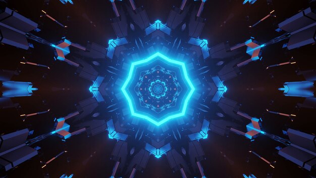 Diseño de mandala octágono de ciencia ficción futurista con luz azul neón