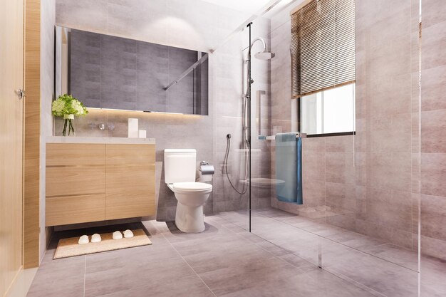 Diseño moderno de renderizado 3d y baño y baño con azulejos de mármol