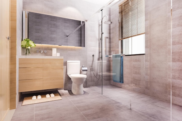 Diseño moderno de renderizado 3d y baño y baño con azulejos de mármol