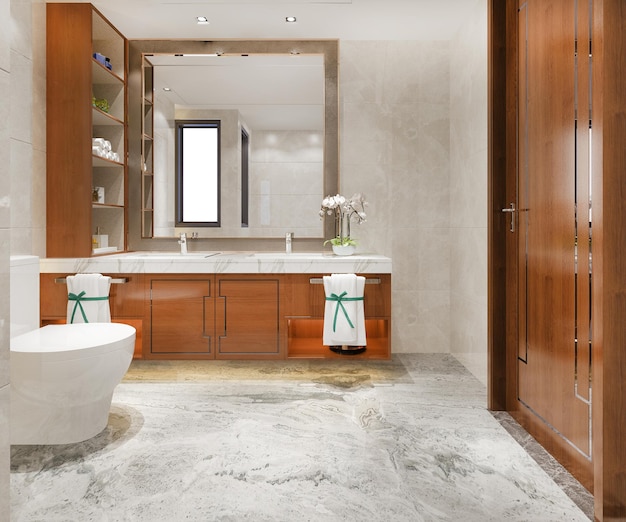 Diseño moderno de renderizado 3d y baño y baño con baldosas de mármol con estante