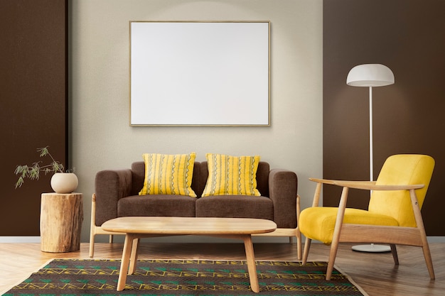 Diseño de sala de estar interior estilo escandinavo en tono cálido.