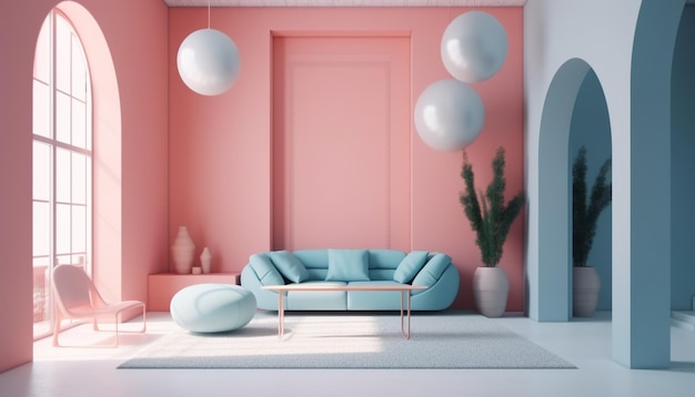 Diseño de sala de estar moderno con detalles en azul generado por IA