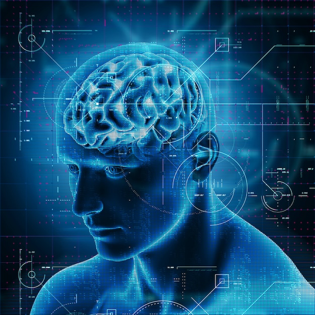 Diseño de tecnología médica en 3D sobre figura masculina con cerebro resaltado