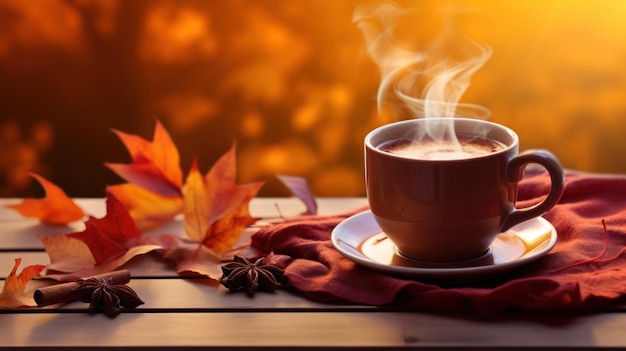 Foto gratuita disfrutar del otoño con una taza acogedora y hojas en el suelo