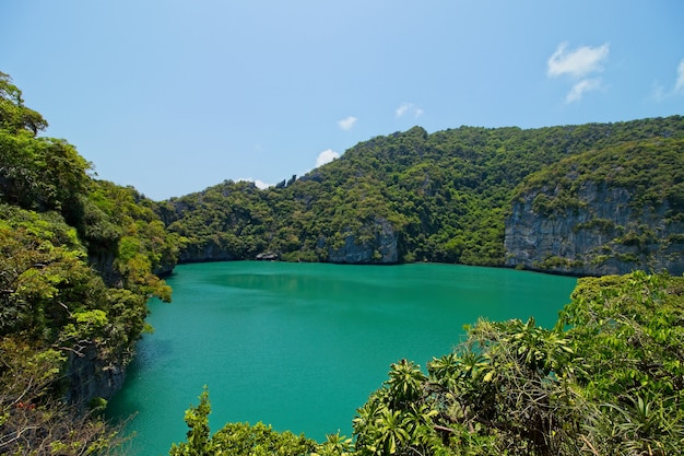 Disparo de alto ángulo de un lago rodeado por montañas cubiertas de árboles capturados en Tailandia