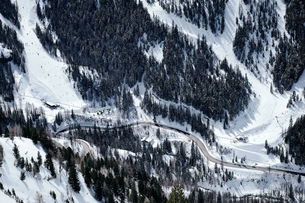 Disparo de alto ángulo de una montaña boscosa cubierta de nieve en el Col de la Lombarde